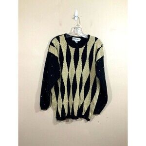 Vintage Womens Beaded Sparkly Diamond Print Wool Angora Sweater M Black Gold 90s